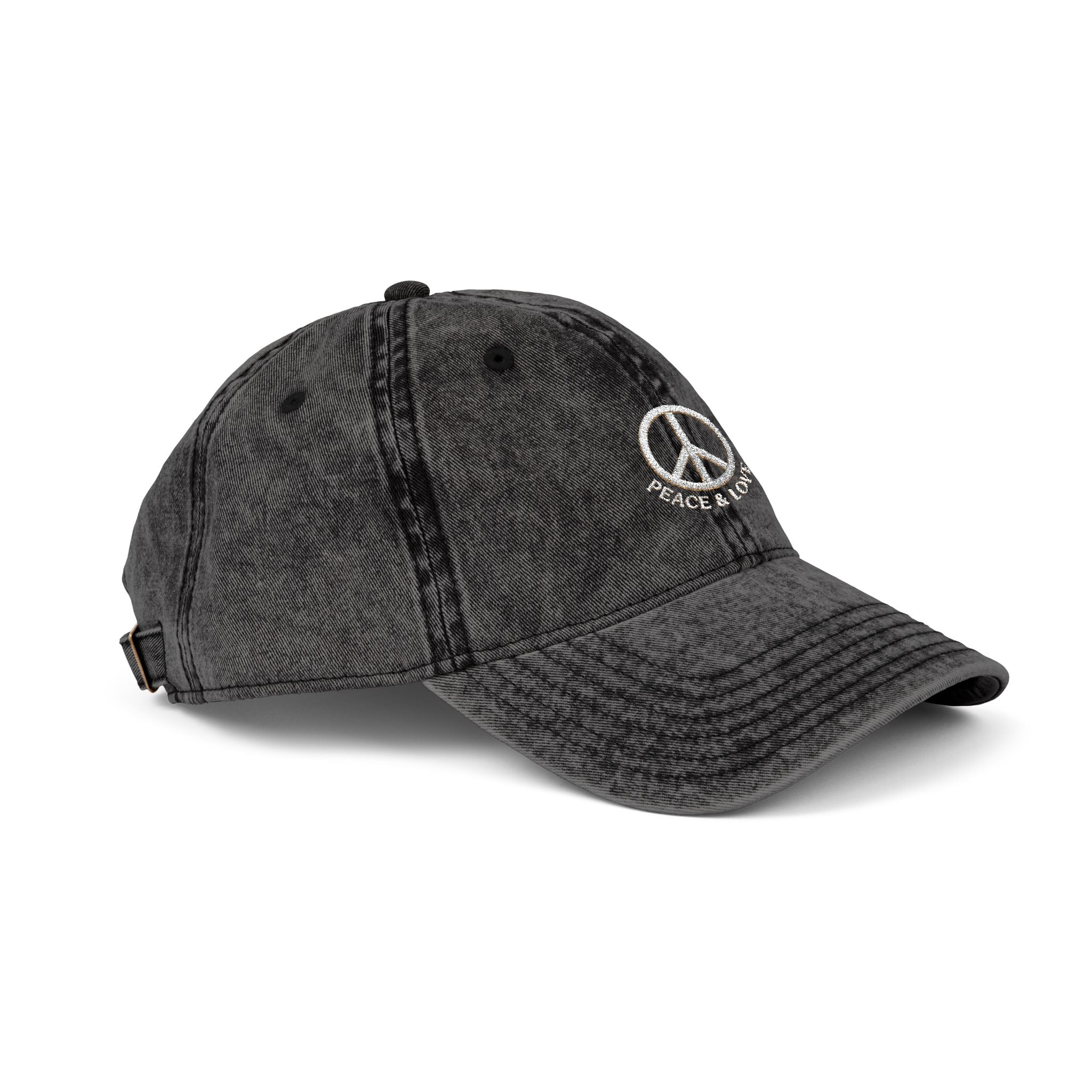 Vintage Embroidered Peace Sign Cap — "Peace & Love" Washed Baseball Hat