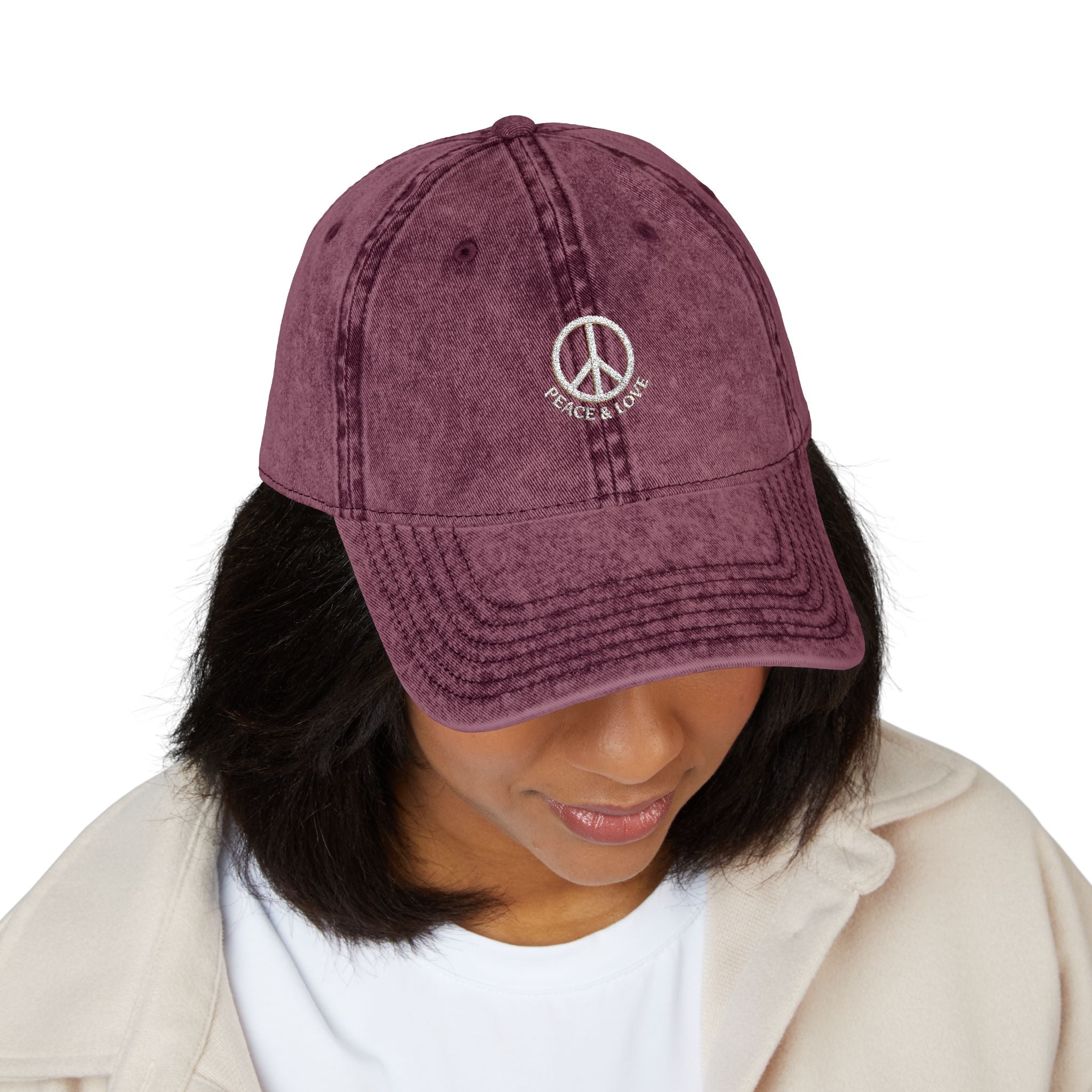 Vintage Embroidered Peace Sign Cap — "Peace & Love" Washed Baseball Hat