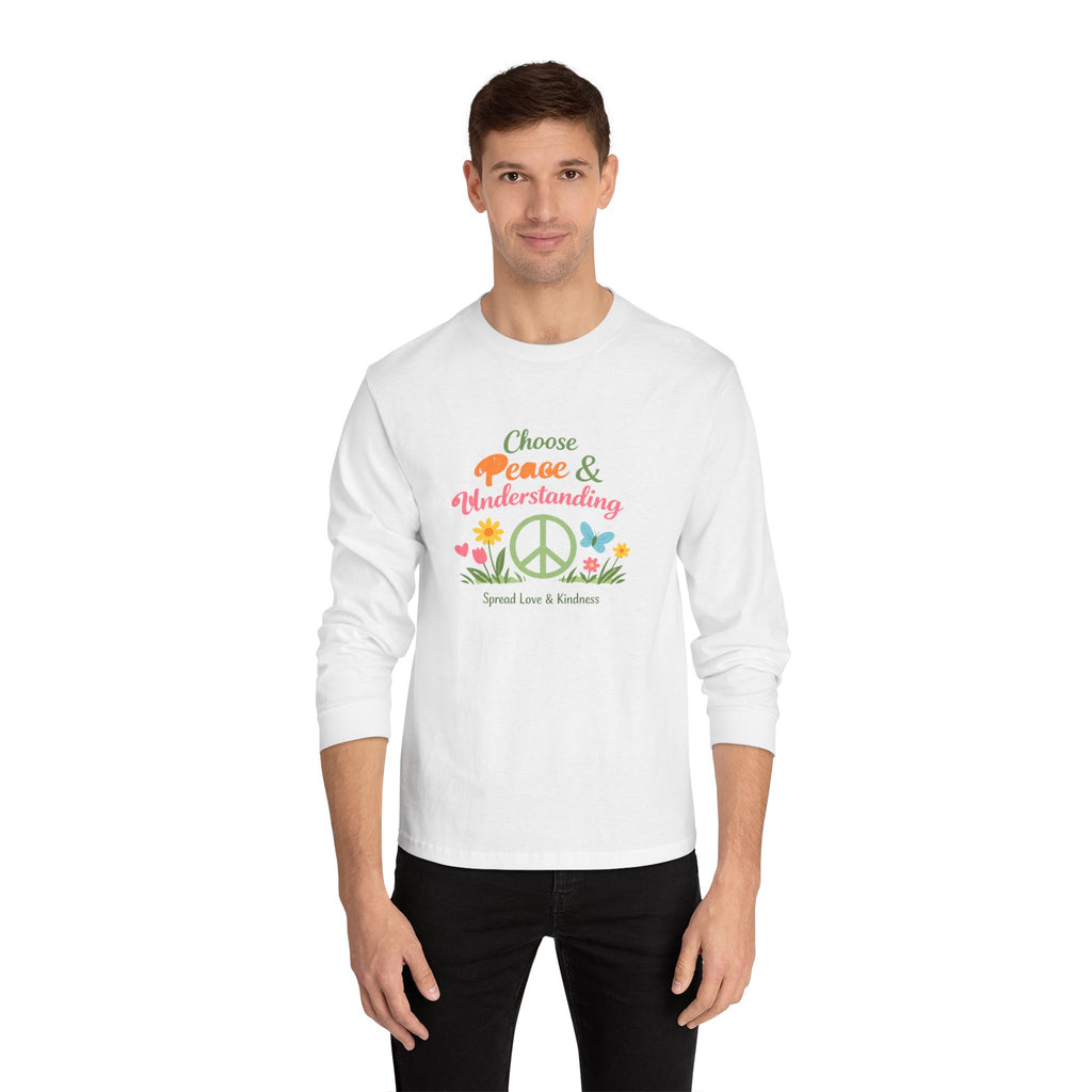 Peace & Understanding Long Sleeve Tee — "Choose Peace & Understanding" Floral Peace Sign Shirt