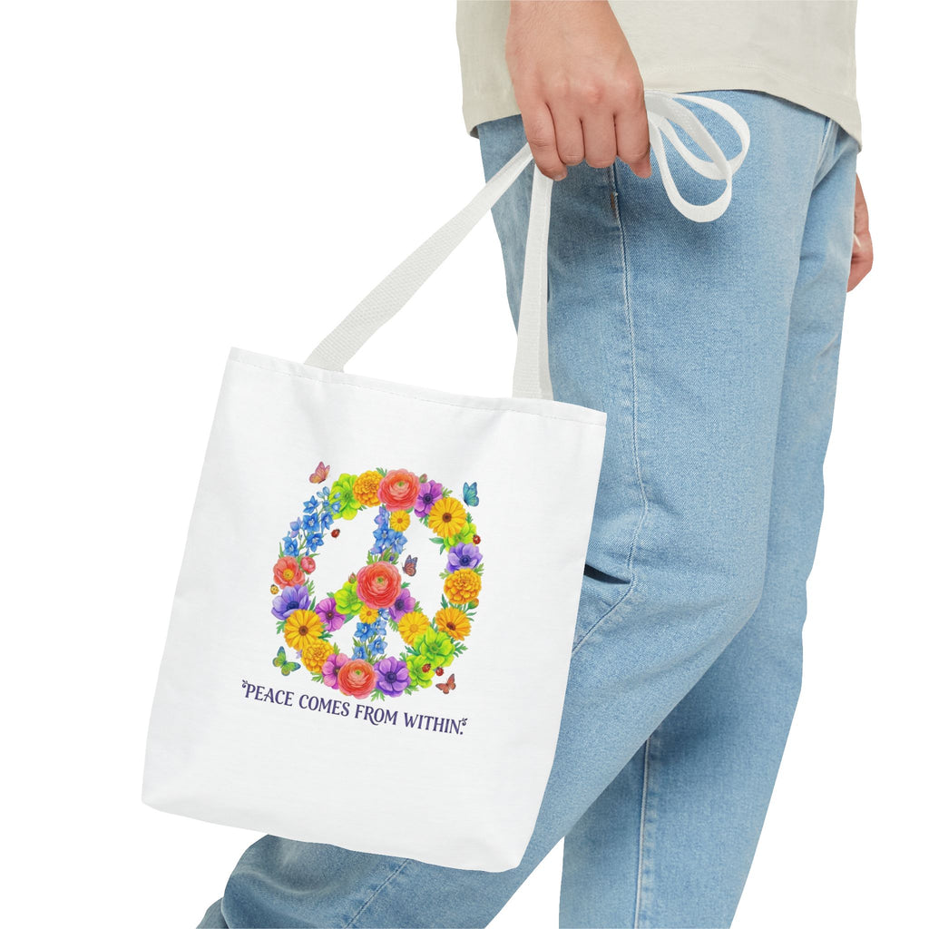 Floral Peace Sign Tote Bag — "Peace Comes From Within" Eco Canvas Tote