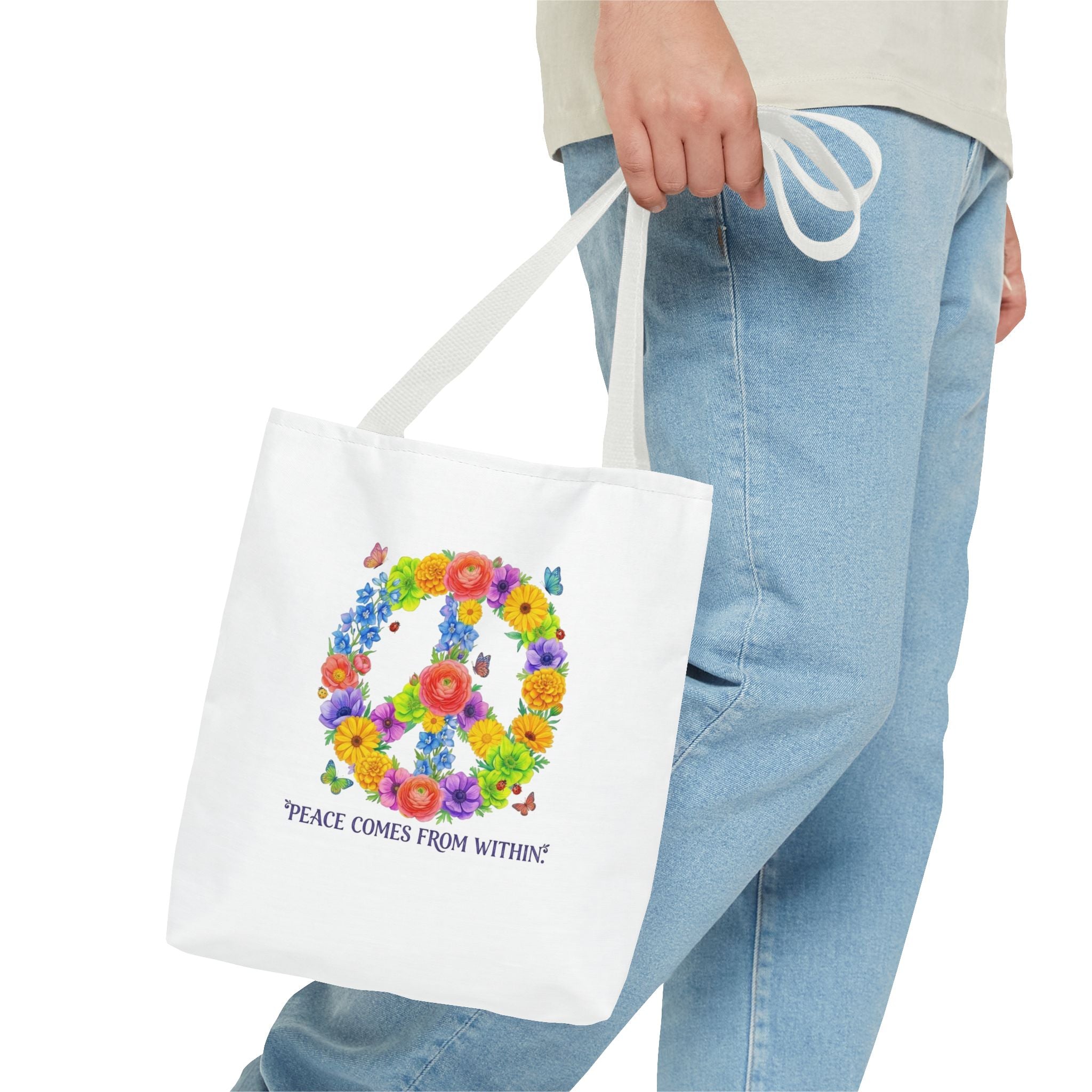 Floral Peace Sign Tote Bag — "Peace Comes From Within" Eco Canvas Tote