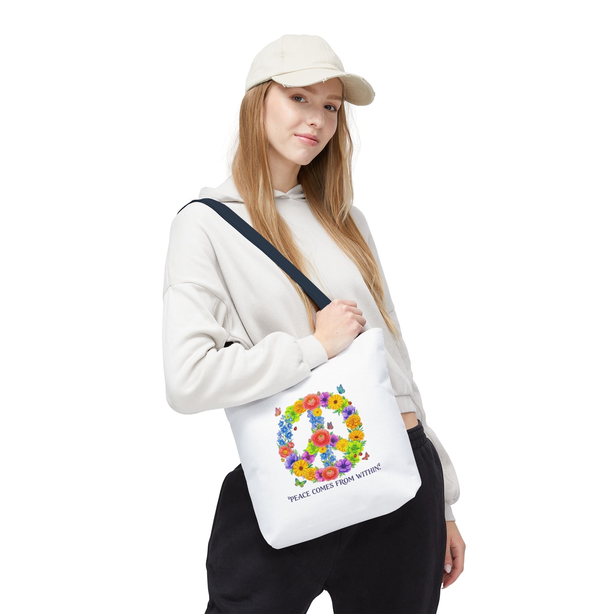 Floral Peace Sign Tote Bag — "Peace Comes From Within" Eco Canvas Tote