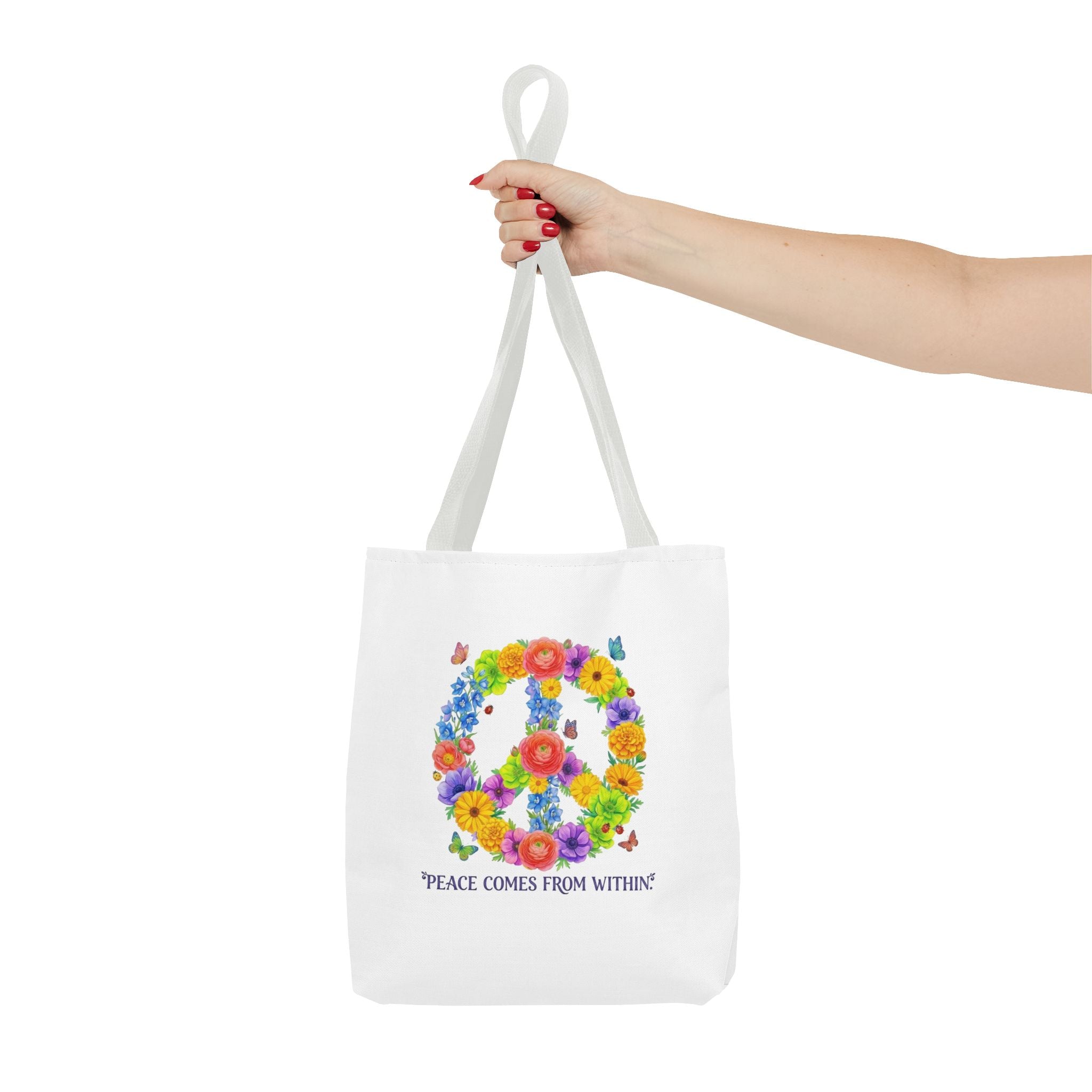 Floral Peace Sign Tote Bag — "Peace Comes From Within" Eco Canvas Tote