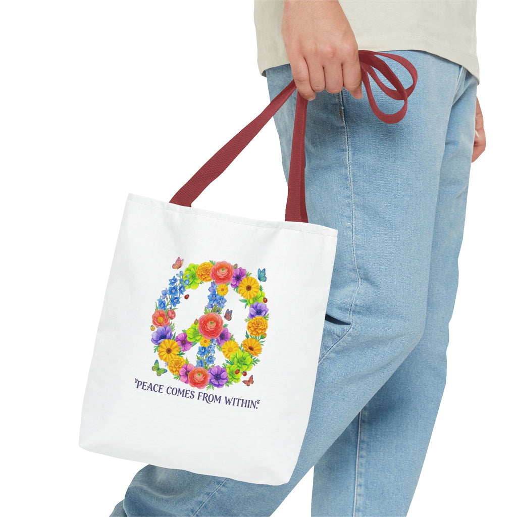 Floral Peace Sign Tote Bag — "Peace Comes From Within" Eco Canvas Tote