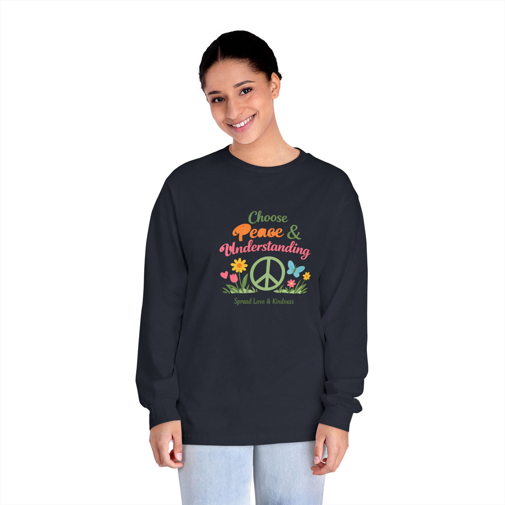 Peace & Understanding Long Sleeve Tee — "Choose Peace & Understanding" Floral Peace Sign Shirt