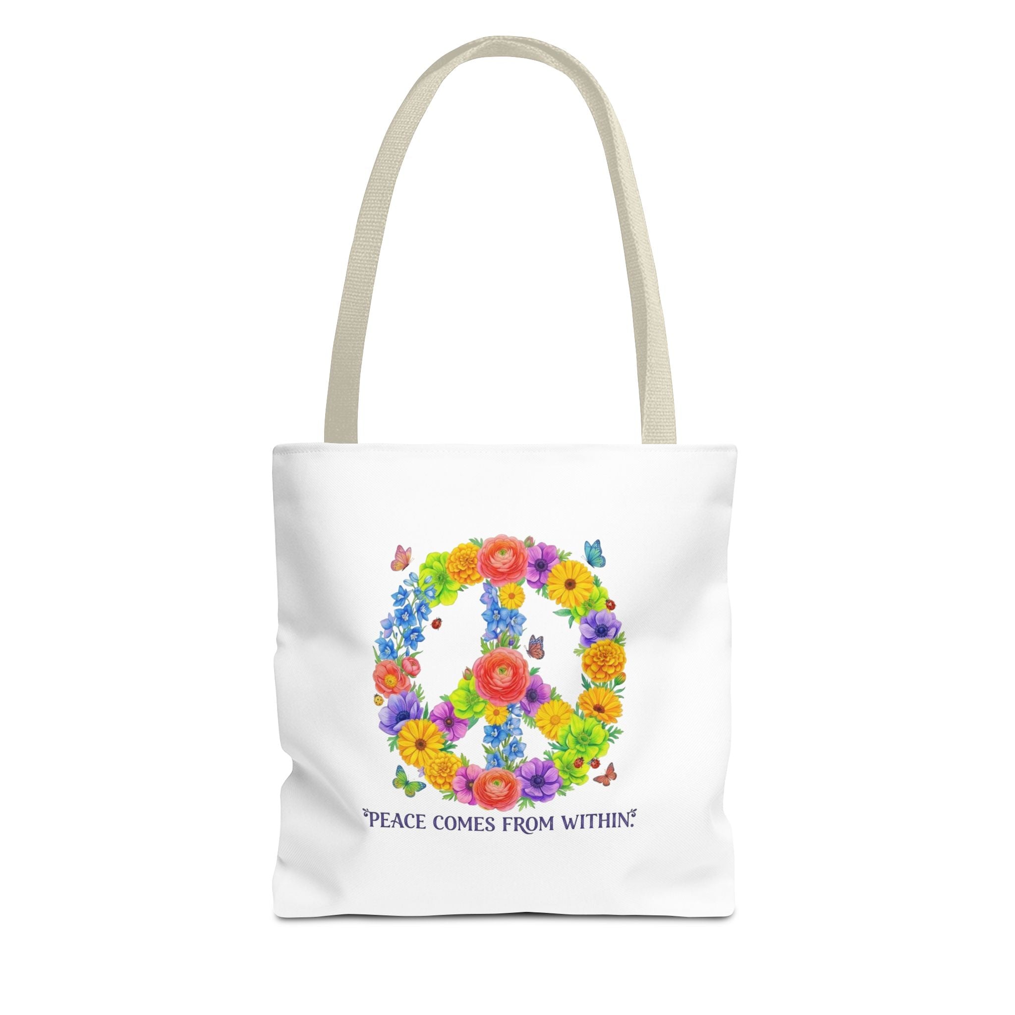 Floral Peace Sign Tote Bag — "Peace Comes From Within" Eco Canvas Tote