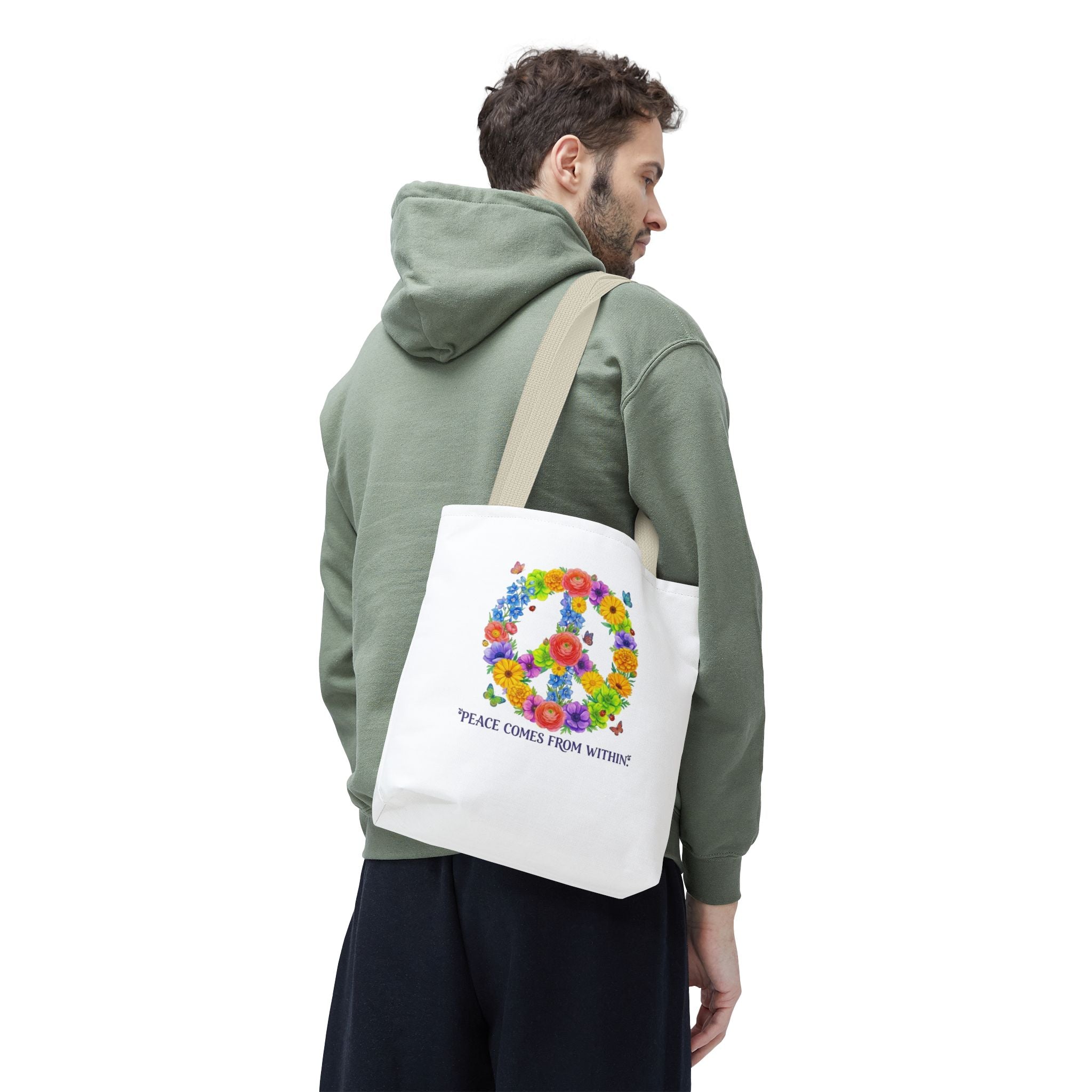 Floral Peace Sign Tote Bag — "Peace Comes From Within" Eco Canvas Tote