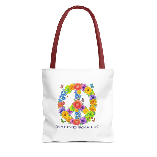 Floral Peace Sign Tote Bag — "Peace Comes From Within" Eco Canvas Tote