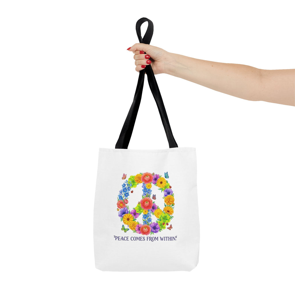 Floral Peace Sign Tote Bag — "Peace Comes From Within" Eco Canvas Tote