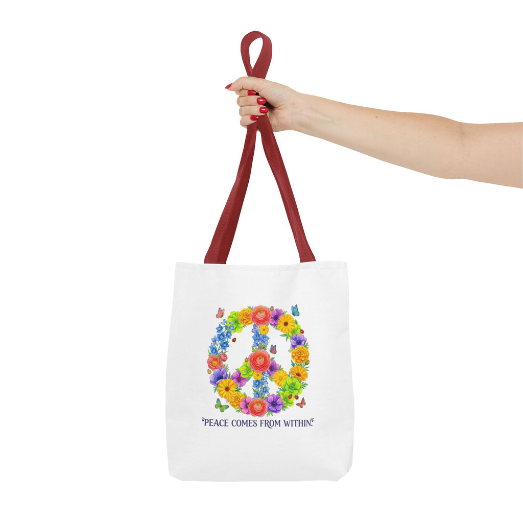 Floral Peace Sign Tote Bag — "Peace Comes From Within" Eco Canvas Tote