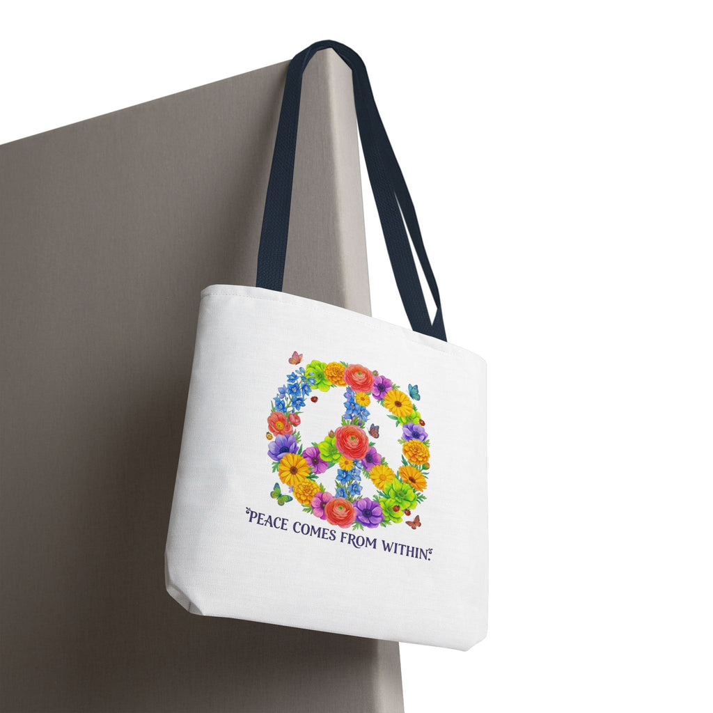 Floral Peace Sign Tote Bag — "Peace Comes From Within" Eco Canvas Tote