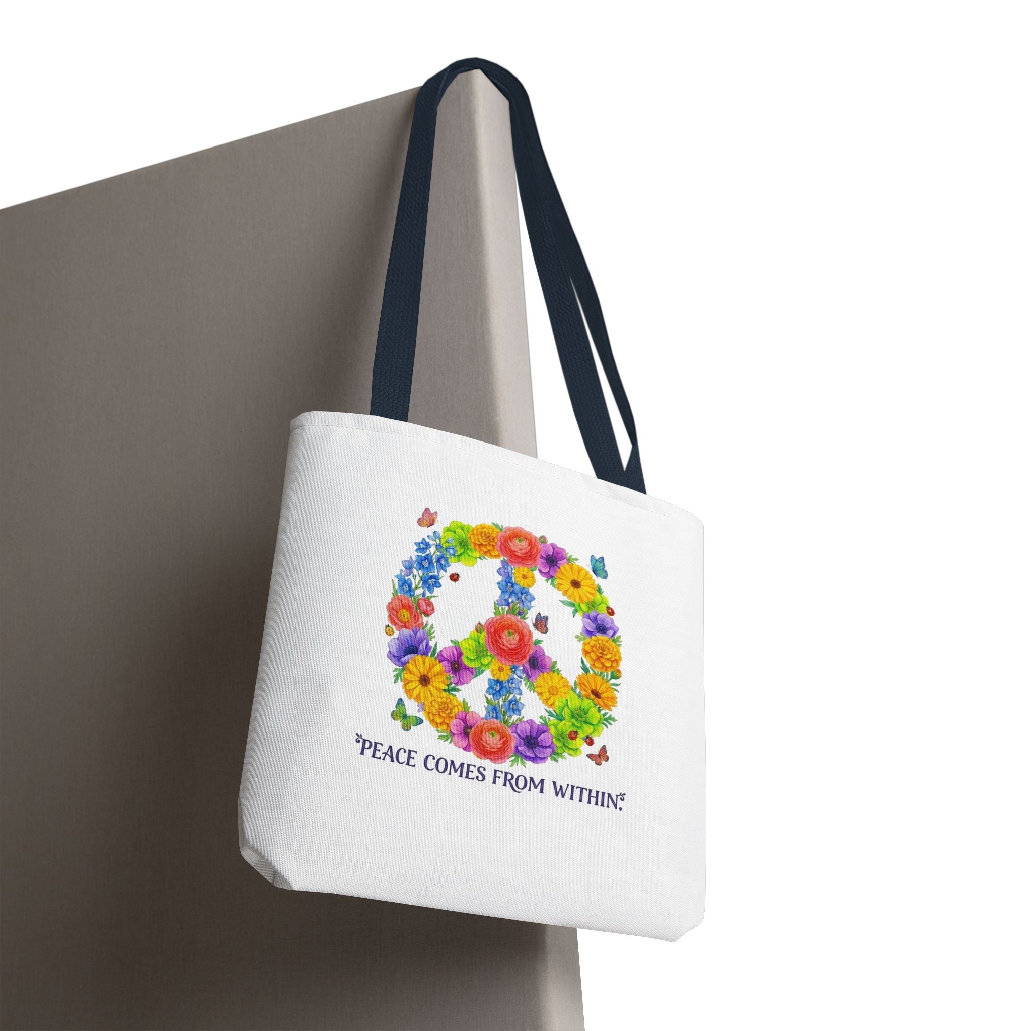 Floral Peace Sign Tote Bag — "Peace Comes From Within" Eco Canvas Tote