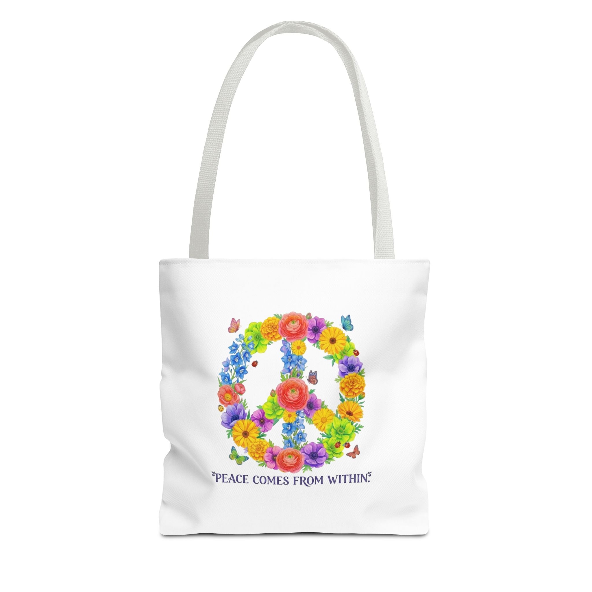 Floral Peace Sign Tote Bag — "Peace Comes From Within" Eco Canvas Tote