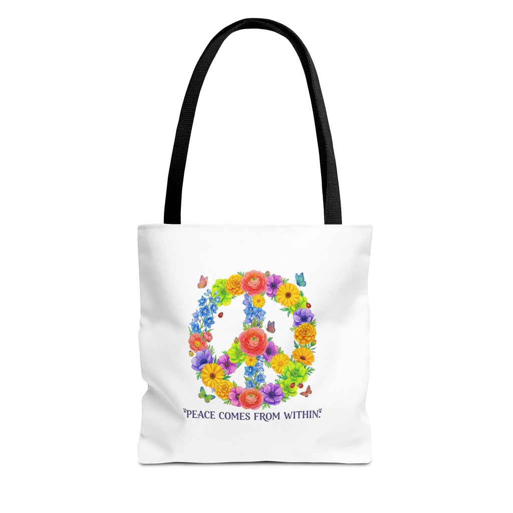 Floral Peace Sign Tote Bag — "Peace Comes From Within" Eco Canvas Tote